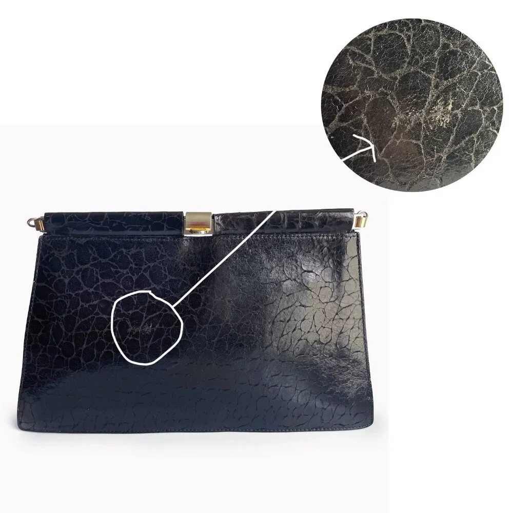 Furla Clutch Bag Black Croc Embossed  Leather Hinged Vintage 70s